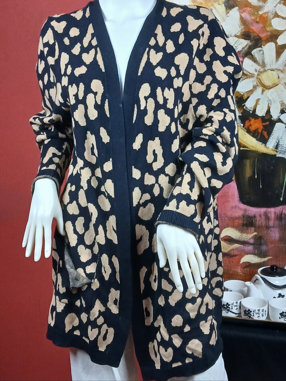 Kim Rogers Navy and Tan Animal Print Crewneck Sweater